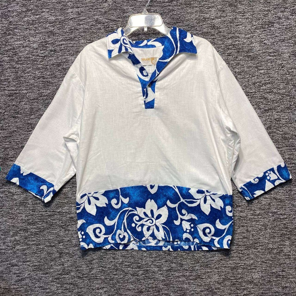 VTG Iolani Hawaiian Tunic Mens XL Blue White 60s 70s Aloha Border Print Shirt